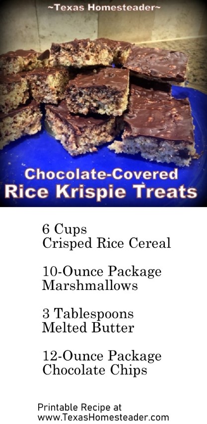 Rice Krispies - crisped rice cereal mixed with melted marshmallows and topped with melted chocolate. #TexasHomesteader