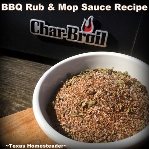 A delicious beer/coffee based BBQ mop sauce and dry rub recipe for smoked meat on the grill. Super easy to whip up in a flash. #TexasHomesteader