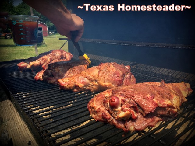 Basting the smoked meat on the grill. A delicious beer/coffee based mop sauce and dry rub recipe for smoked meat on the grill. Super easy to whip up in a flash. #TexasHomesteader