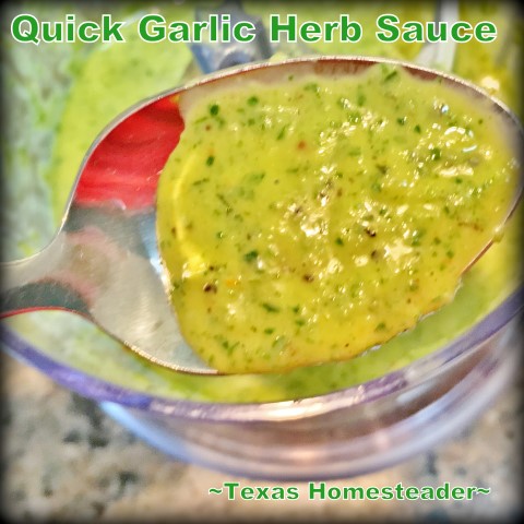 Fresh Garlic Herb Sauce for the light taste of summer. Whips up in minutes and is great on chicken, pasta, even as a salad dressing! #TexasHomesteader