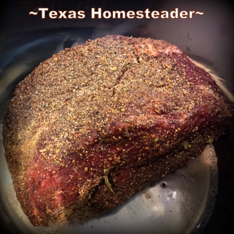 We saved money on meat by watching the sales ad and shopping when meat was on sale. Then cut the roast into smaller roasts and froze them. #TexasHomesteader 