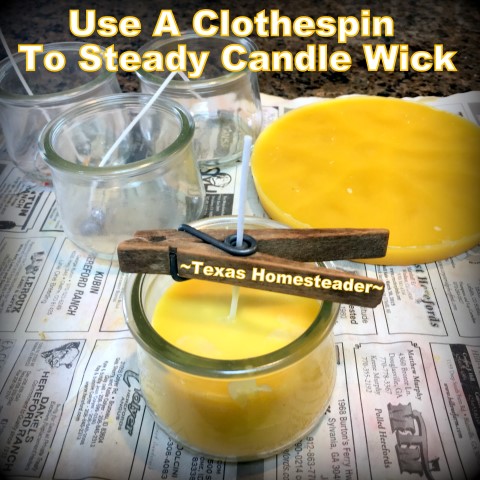 Using a wooden clothespin to steady candle wick. It's easy to make your own natural beeswax jar candles. It's fun, it's easy, and it's natural. And who doesn't love a beeswax candle?? #TexasHomesteader