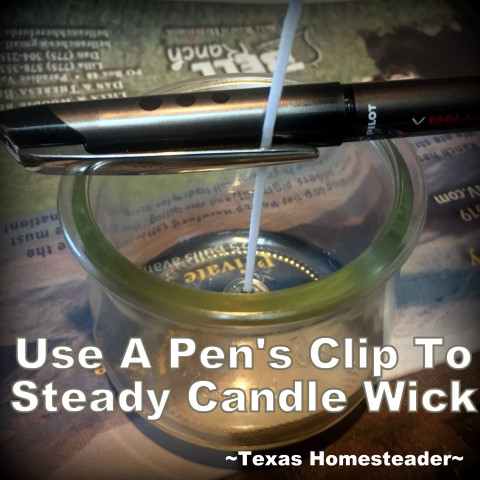 Using a pen clip to steady candle wick. It's easy to make your own natural beeswax jar candles. It's fun, it's easy, and it's natural. And who doesn't love a beeswax candle?? #TexasHomesteader