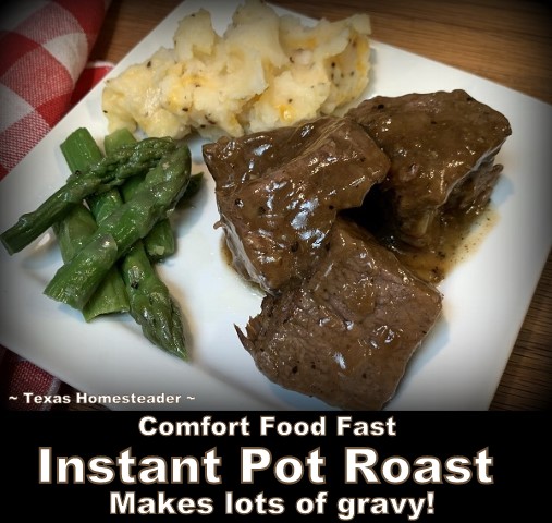 The Instant Pot pressure cooker makes this pot roast meal fast and with lots of gravy. #TexasHomesteader