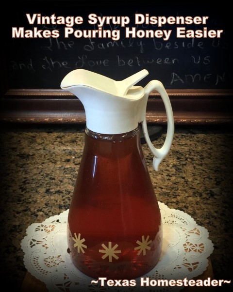 Easily pour honey in glass syrup dispenser. Honey is said to be the only food with NO expiration date. Don't throw that honey away when crystals form - save your honey for years! #TexasHomesteader