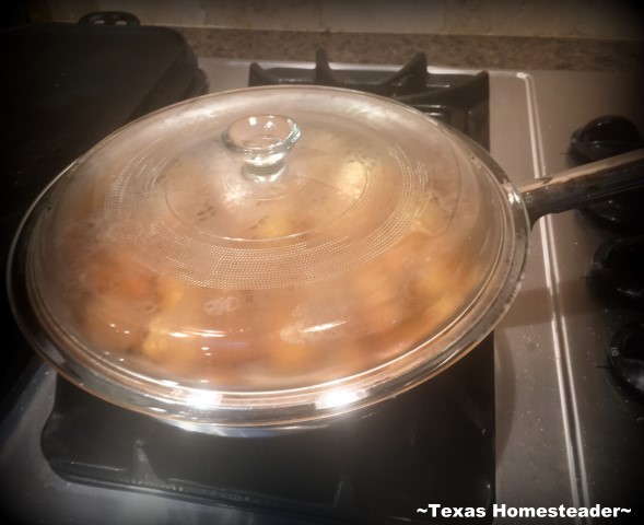 Simmer apples in covered skillet. I made a simple dessert of fried apples, with a twist. I added a little spiced rum for extra flavor & moisture. #TexasHomesteader