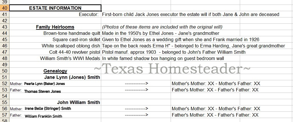 Documenting estate information. Don't leave your heirs in the dark! Now's the time to document those important numbers. This easy estate planning step will help after your death #TexasHomesteader