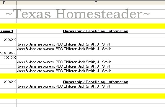 Owner, beneficiary, POD information. Don't leave your heirs in the dark! Now's the time to document those important numbers. This easy estate planning step will help after your death #TexasHomesteader