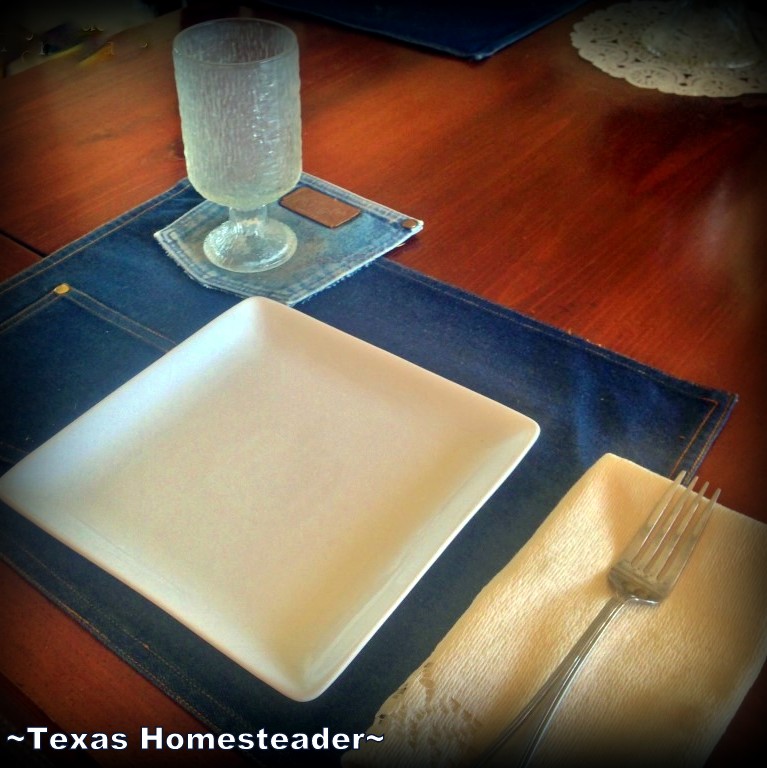 I have these homemade denim pocket coasters all over our house, even on our dining room table. #TexasHomesteader