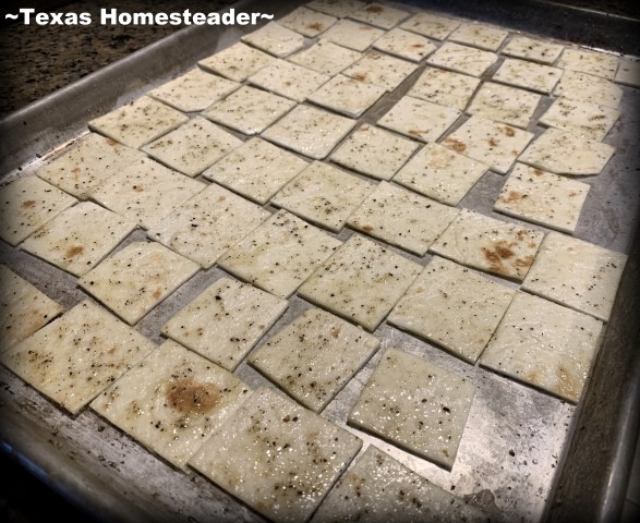 Regular flour tortillas coated in olive oil and sprinkled with salt & pepper, cut into squares and baked for homemade pita chips. #TexasHomesteader