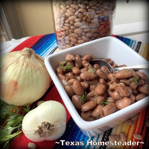 Large pot of cooked pinto beans served different ways. Serving homemade meals every day doesn't have to be hard or time consuming. There are lots of easy shortcuts. Come see! #TexasHomesteader