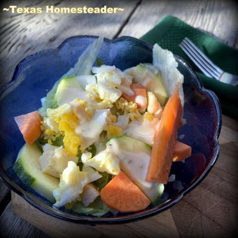 Chopped boiled eggs in a fresh salad #TexasHomesteader