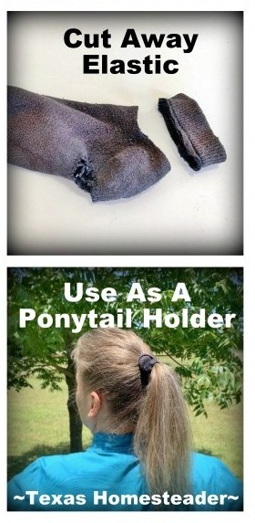 Repurposed elastic from old sock into ponytail holder. 5 simple ways to repurpose an old sock. Kitchen Scrubber, cast-iron care, ponytail holder, and MORE! #TexasHomesteader