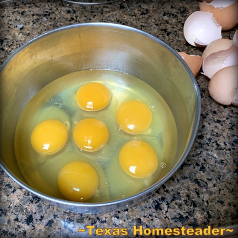 Mix fresh eggs to make scrambled eggs for breakfast quesadillas. #TexasHomesteader