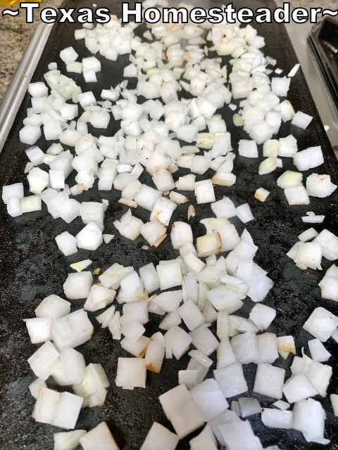 Cooking diced onions on a cast iron stove-top griddle. Saute & freeze onions for your own convenience food right in your own freezer. I scored them to make it easier to break off pieces. #TexasHomesteader