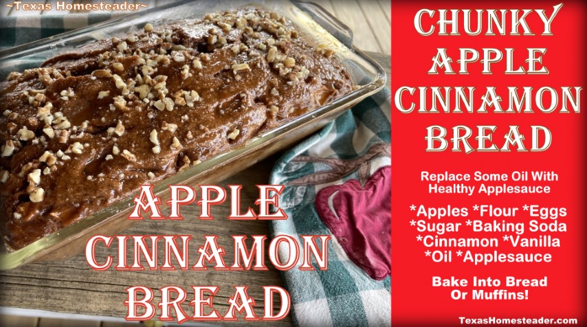 Chunky Apple Cinnamon Bread or muffin recipe made with applesauce. #TexasHomesteader