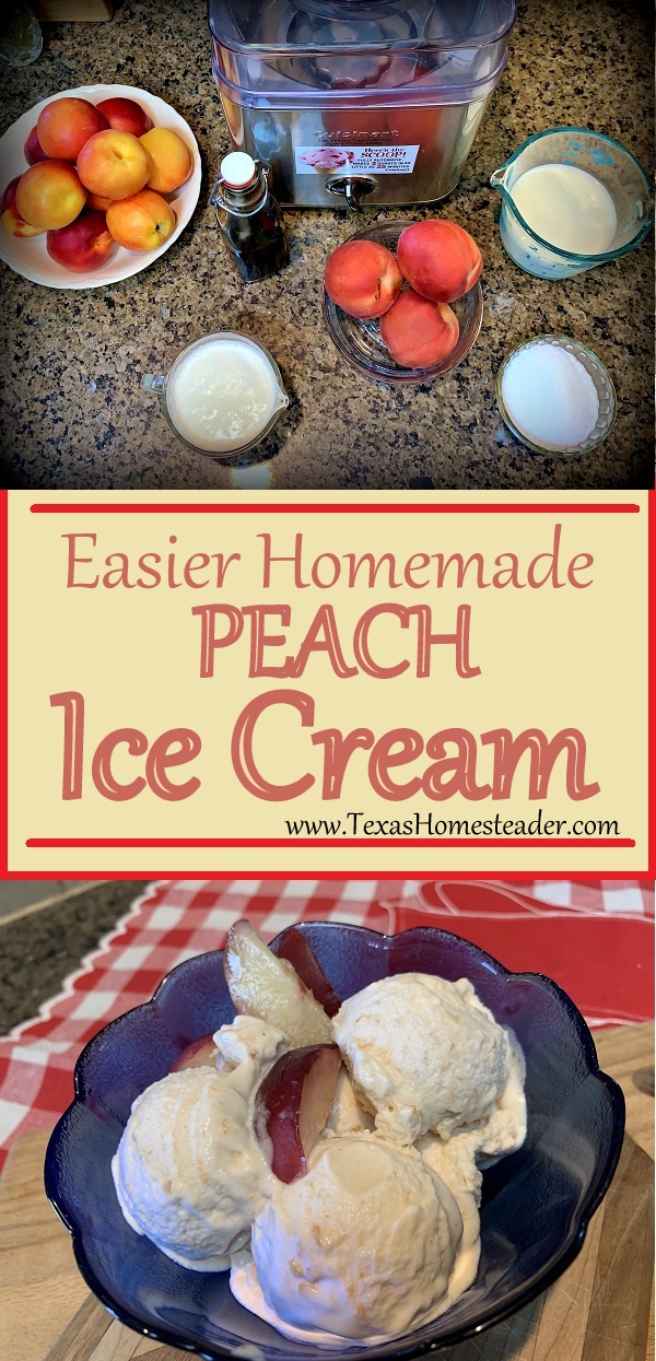 Homemade peach ice cream can go from start to finish in only about 25 minutes. Come see this easier recipe. #TexasHomesteader