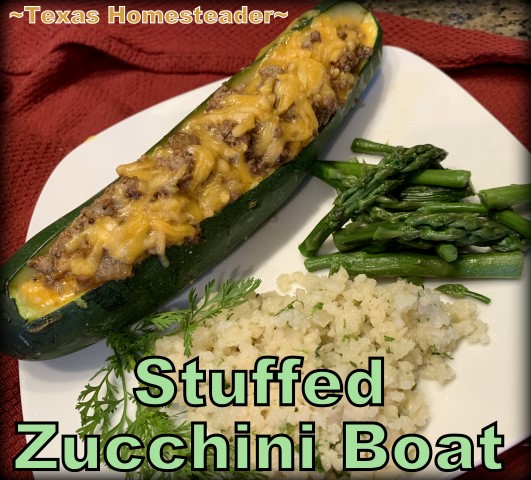 Zucchini boats are zucchini stuffed with ground meat, onions, garlic and cheese. #TexasHomesteader