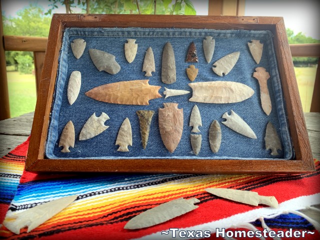 Arrowhead collage in wooden box with denim lining. #TexasHomesteader