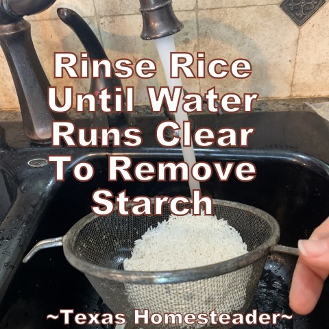 Rinse rice to remove starches. This is the easiest Texas-Style Spanish Rice recipe ever. Long-grain rice, chunky picante salsa, onions, garlic & broth. #TexasHomesteader