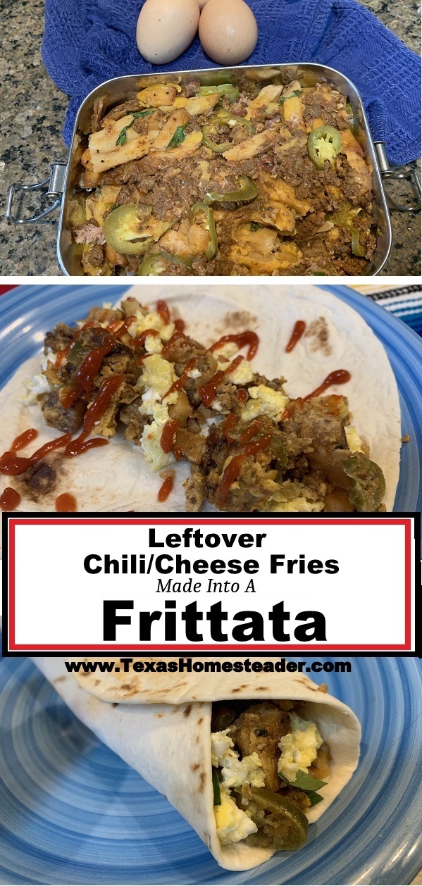 What can you do with leftover chili-cheese fries? I make them into a delicious frittata. Good food you can eat with one hand! #TexasHomesteader