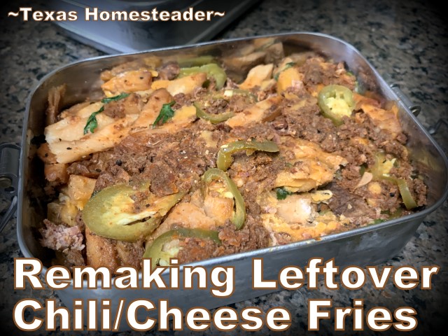 What can you do with leftover chili-cheese fries? I make them into a delicious frittata. Good food you can eat with one hand! #TexasHomesteader