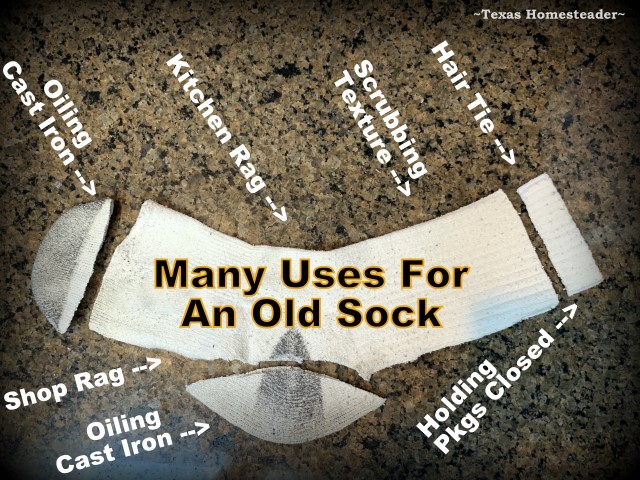 There are many ways I've been able to significantly reduce waste in my kitchen. One way is by repurposing an old sock for cleaning. Come see my other tips. #TexasHomesteader
