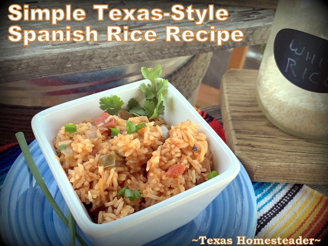This is the easiest Texas-Style Spanish Rice recipe ever. Long-grain rice, chunky picante salsa, onions, garlic & broth. #TexasHomesteader