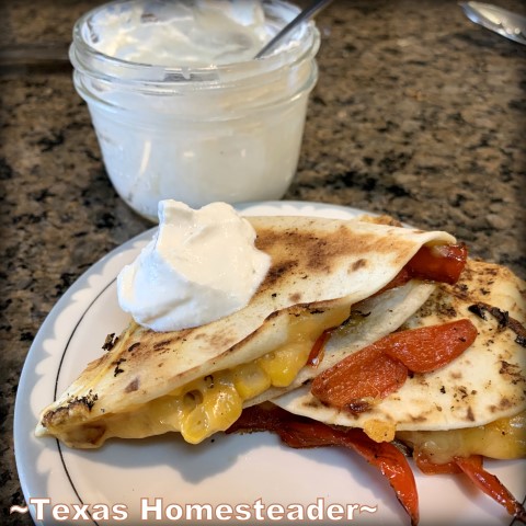 A quick yet company-worthy meal is Southwest Quesadillas. Freshly grilled veggies, corn & black beans with cheese tucked into a flour tortilla. #TexasHomesteader