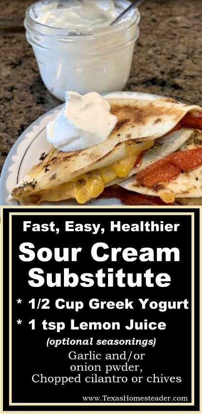 I quickly make a healthier sour cream substitute using unflavored yogurt, lemon juice and a few seasonings. #TexasHomesteader