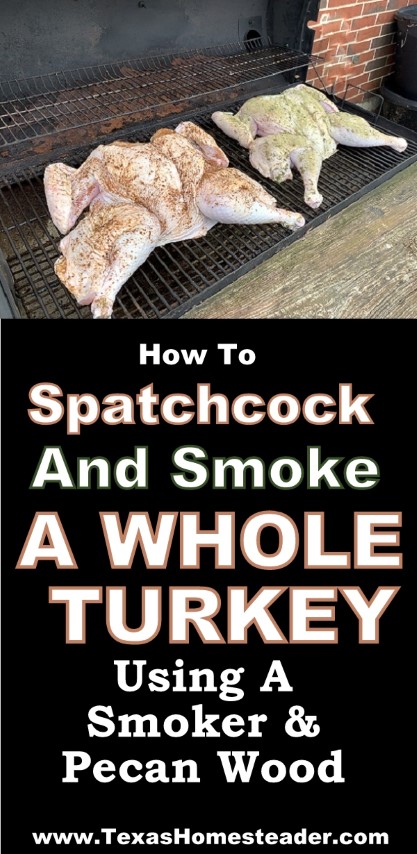 Spatchcock smoked turkey cooks much faster than a whole bird traditionally roasted in the oven. The flavor is deep and delicious. #TexasHomesteader