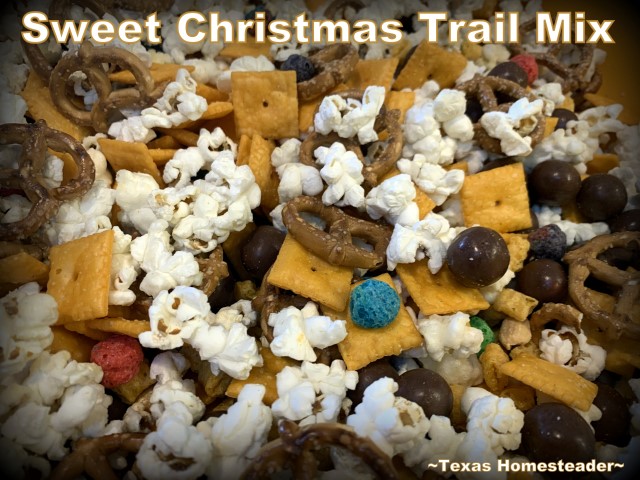 Sweetened popcorn made into Christmas trail mix for a fast last-minute gift. #TexasHomesteader