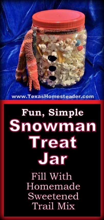 Homemade treat jar made with large empty jar painted to look like a snowman and filled with Christmas trail mix. #TexasHomesteader