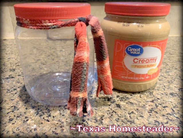 To make a snowman treat jar, repurpose a large empty peanut butter jar #TexasHomesteader