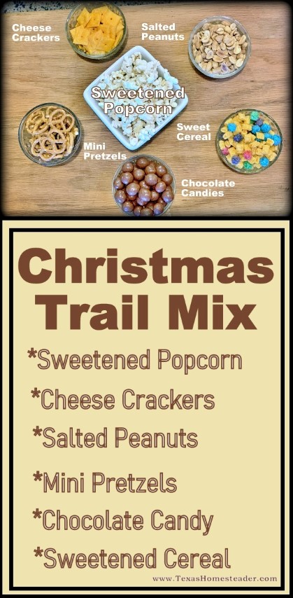 Sweetened popcorn can be quickly turned into a delicious Christmas trail mix for a last-minute gift. #TexasHomesteader