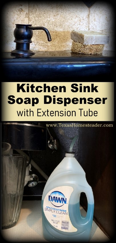 This Endless kitchen sink Soap Dispenser is convenient. A tube runs from the pump handle directly into a large bottle of dish soap, eliminating constant refilling of a tiny bottle like traditional pump systems. #TexasHomesteader #Kitchen #Hack #SoapDispenser #DishSoap #WorkSmarterNotHarder #WashingDishes