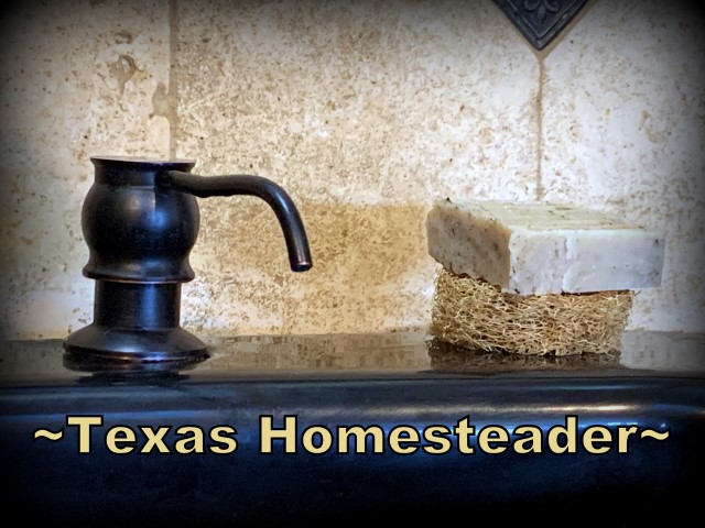 Luffa slice holds soap off the sink's surface. You can grow your own luffa sponge in your garden. They're easy to grow, eco friendly and fully compostable. #TexasHomesteader