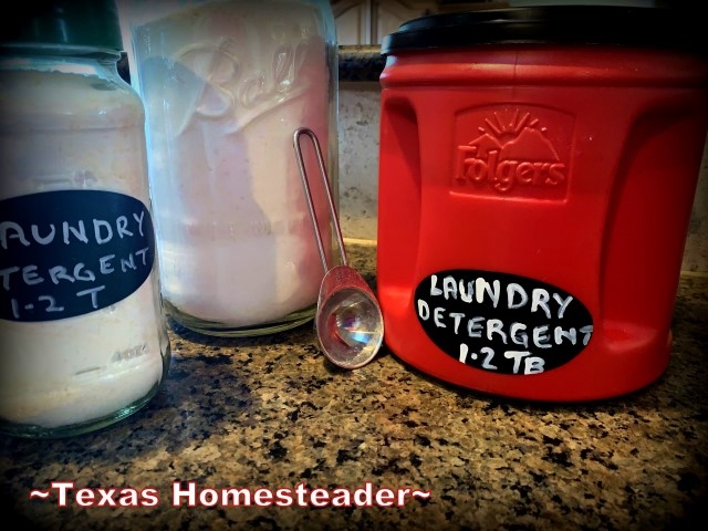 Homemade laundry detergent in various containers - glass canning jar, empty repurposed coffee can #TexasHomesteader