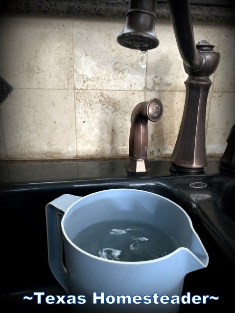 Dripping water from faucet and saved for drinking or toilet flushing. Many of this week's frugality was forced due to a winter storm. #TexasHomesteader