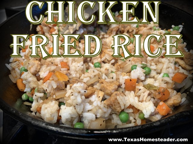 Chicken Fried Rice comes together quickly and makes good use of leftovers. #TexasHomesteader