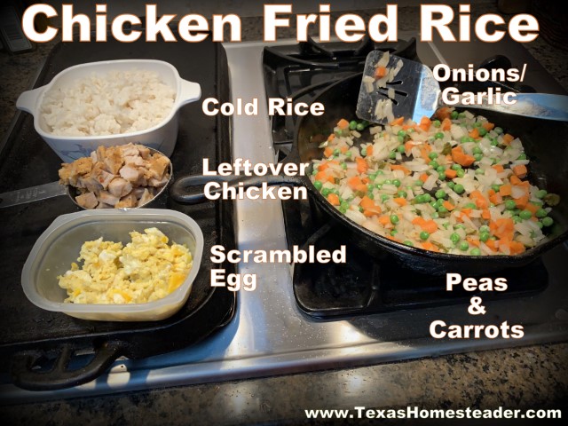 Chicken Fried Rice ingredients using planned leftovers. Cold rice, leftover chicken, scrambled eggs, onions, peas and carrots. #TexasHomesteader