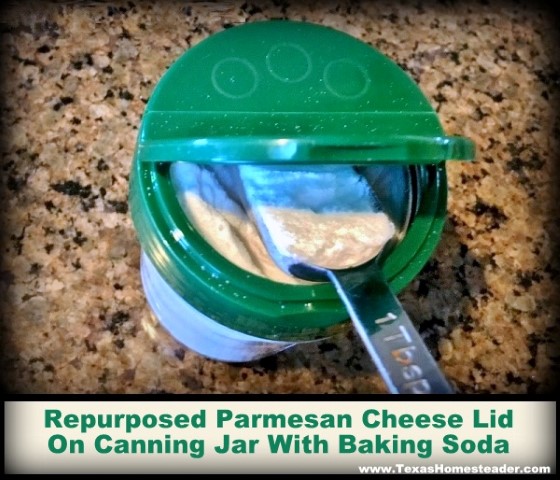 A parmesan cheese lid often fits a regular-mouth sized canning jar. One side is a shaker and the other flip-top is for a measuring spoon. #TexasHomesteader