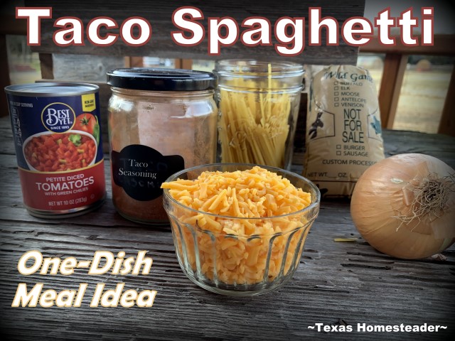 Taco Spaghetti Ingredients - ground meat, pasta, onion, rotel tomatoes, shredded cheese, taco seasoning. #TexasHomesteader