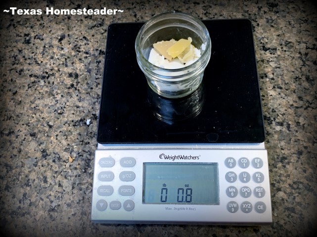 https://texashomesteader.com/wp-content/uploads/2021/03/Wood-conditioner-ingredients-of-beeswax-and-coconut-oil-measured-on-digital-scale-in-small-glass-canning-jar.-TexasHomesteader.jpg