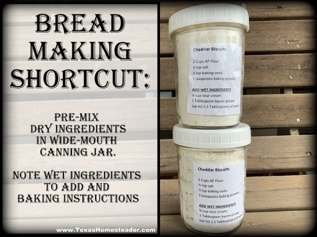 I often mix all the dry ingredients in a glass canning jar and make note of the wet ingredients to add at baking. #TexasHomesteader