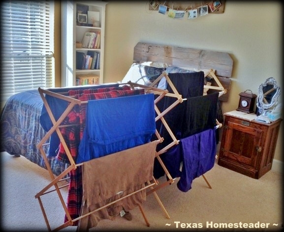 Folding racks dry clean laundry inside during periods of high allergen pollens. #TexasHomesteader