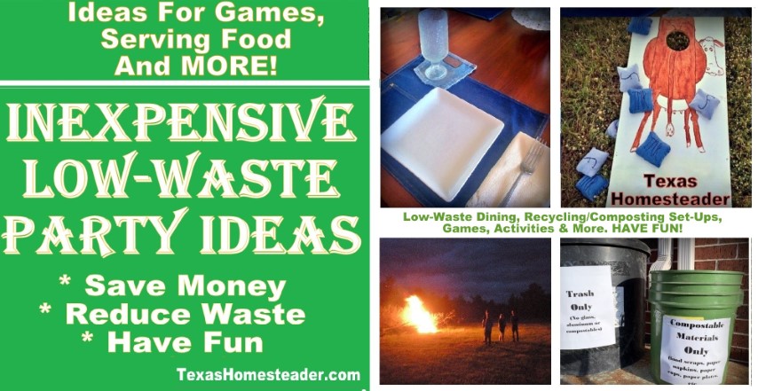 Low waste inexpensive party ideas reusable dishes, recycling, eco friendly. #TexasHomesteader
