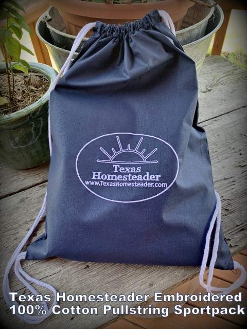 Cotton drawstring backpack - sportspack with Texas Homesteader logo. #TexasHomesteader