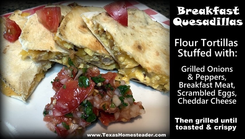 Breakfast quesadillas are made with flour tortillas stuffed with grilled onions & peppers, breakfast meat, scrambled eggs and cheddar cheese. #TexasHomesteader