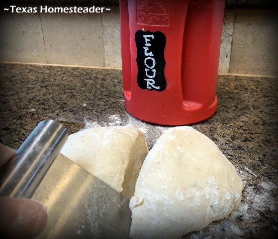 Cut bread dough in half using dough scraper - red repurposed coffee can flour canister in background. #TexasHomesteader